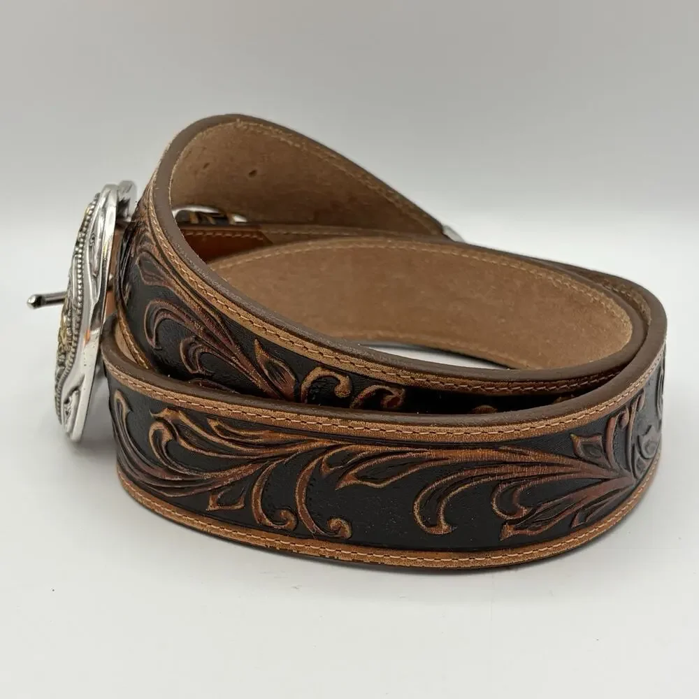 Tony Lama Men’s Black Brown Western Leather Belt C41514 Size 38 Buckle Belt Tip